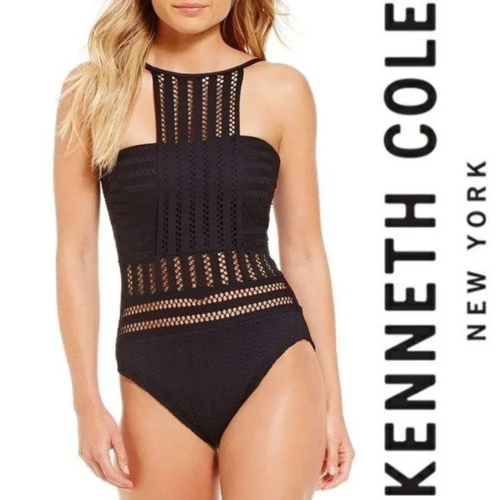 Kenneth Cole tough lux crochet high neck swim suit NWOT beach summer pool party - Picture 1 of 4